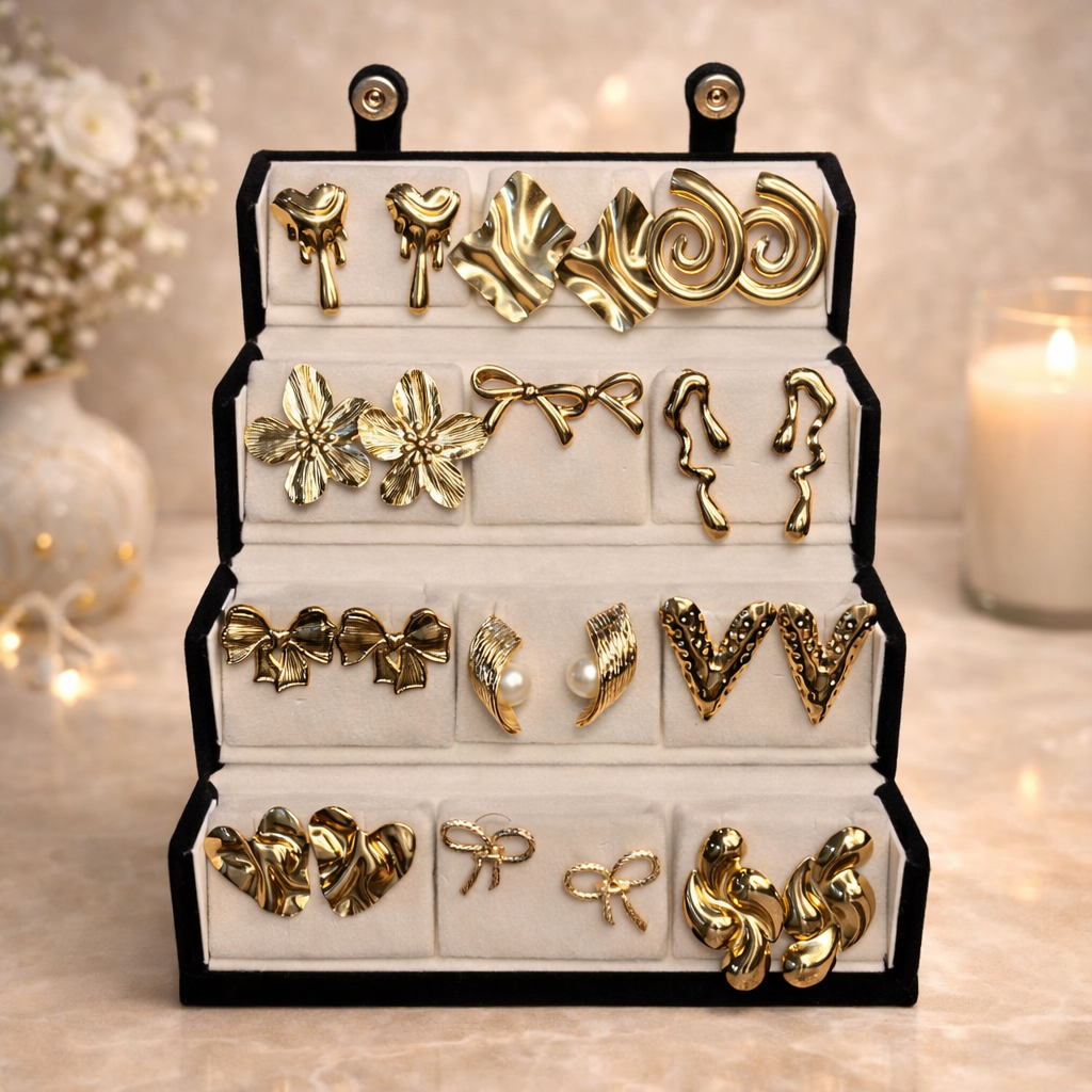 Set of 12 Anti-Tarnish Earrings with Black Jewellery Box