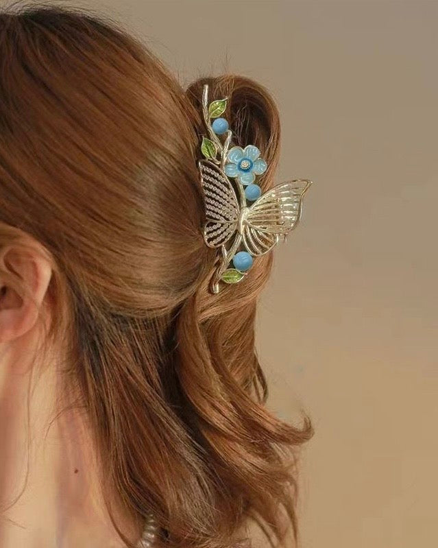 Golden Butterfly Floral Hair Claw