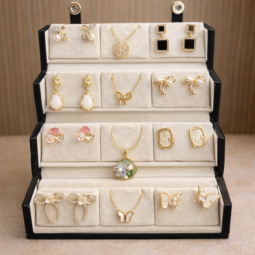 Set of Korean Earrings & Anti-Tarnish Necklaces with Jewellery Box