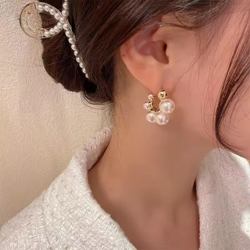 Pearl Cluster Hoop Earrings