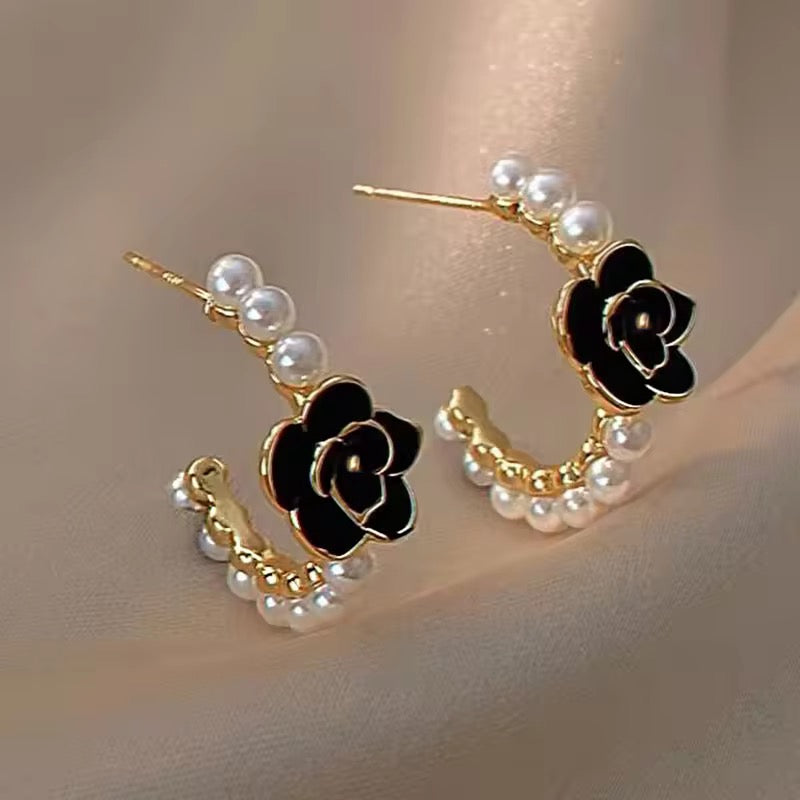 Pearly Rose Hoop Earrings