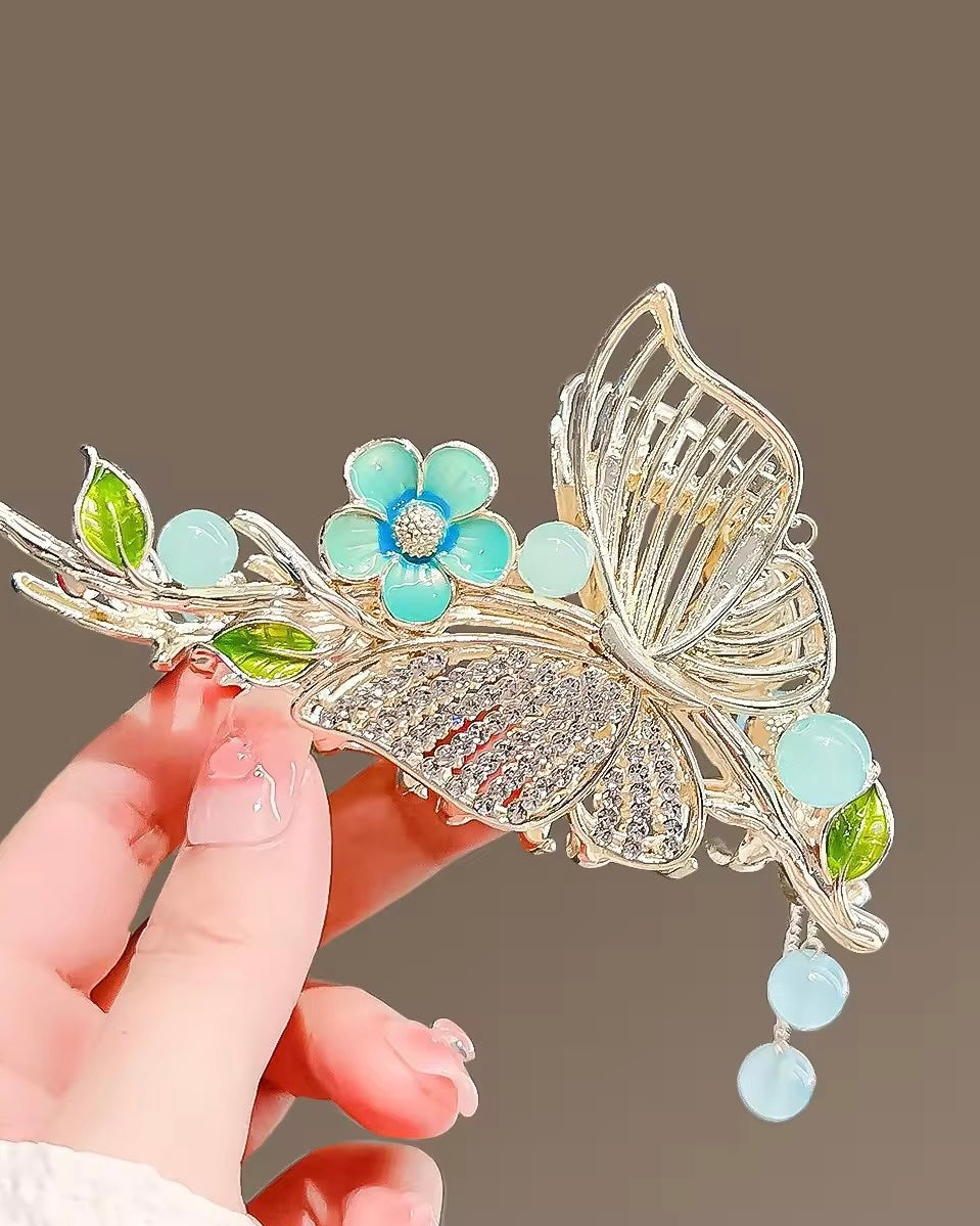 Golden Butterfly Floral Hair Claw