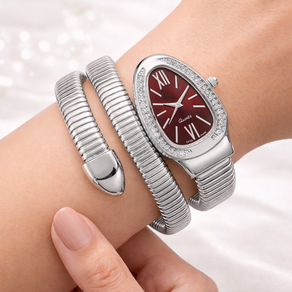 Silver Snake Wrap Watch - Maroon