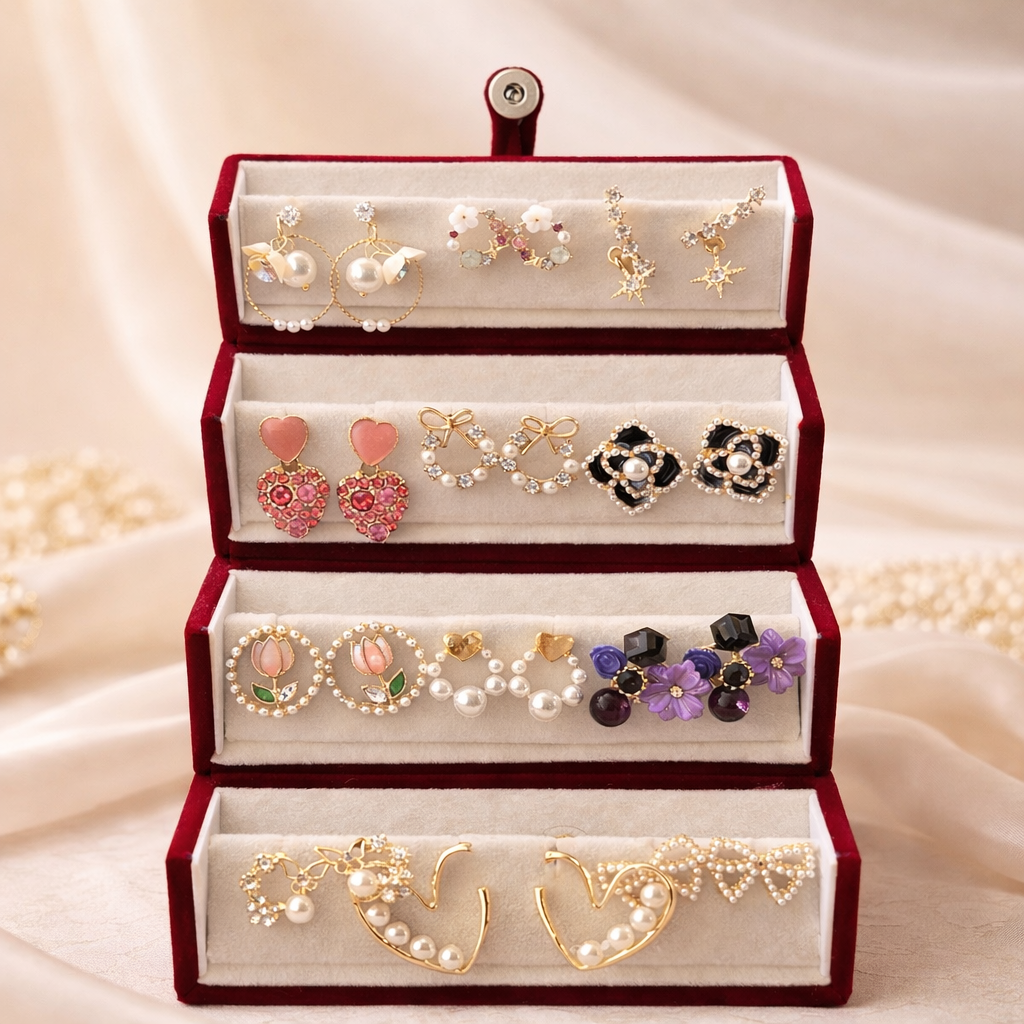 Set of 12 Korean Earrings with Jewellery Box