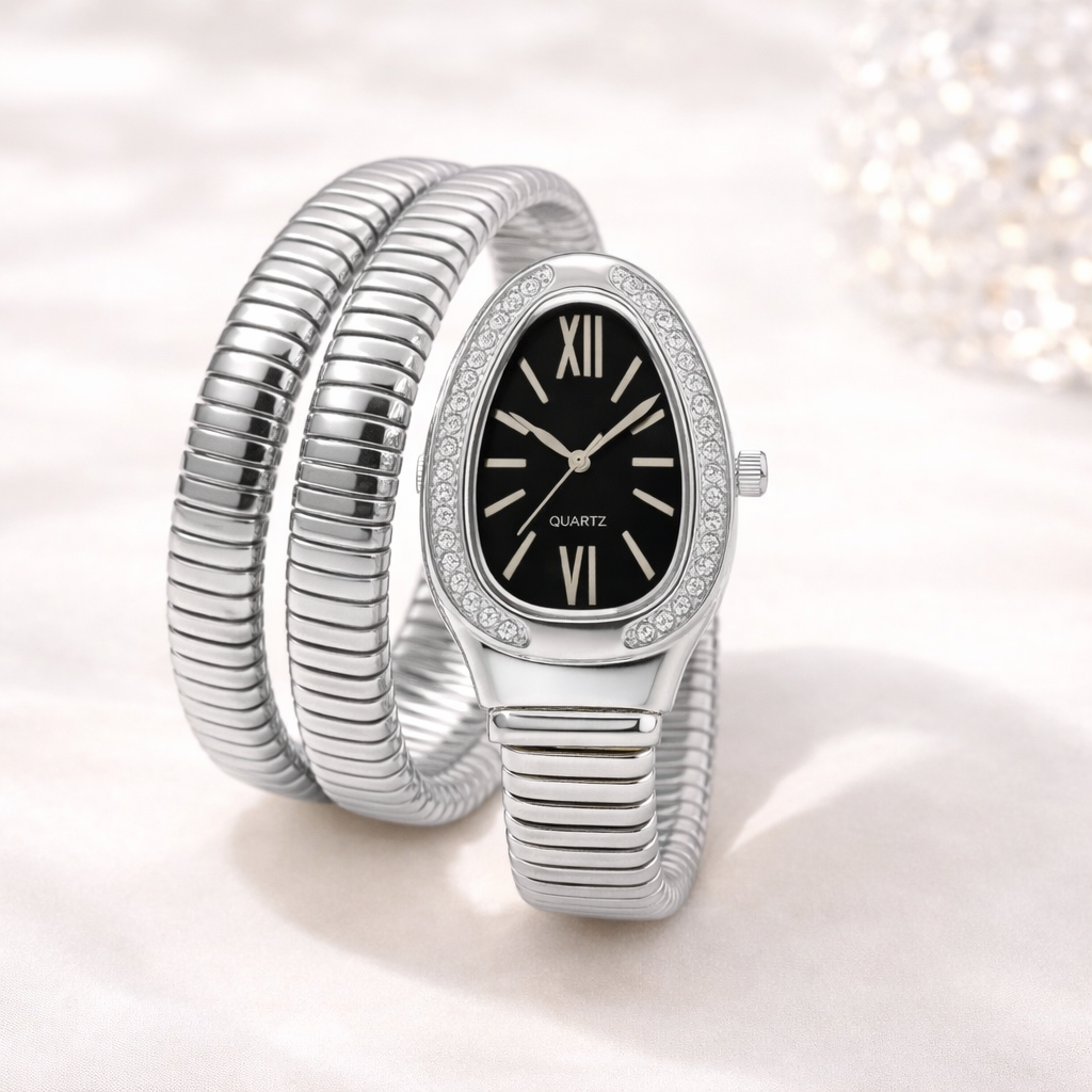 Silver Snake Wrap Watch - Black