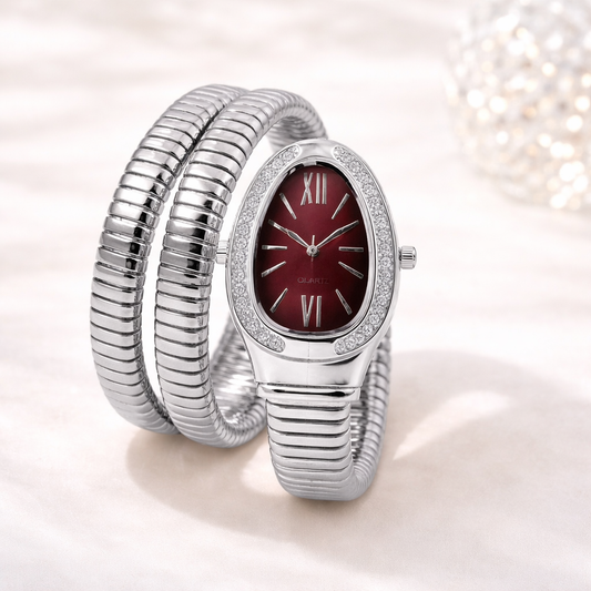 Silver Snake Wrap Watch - Maroon