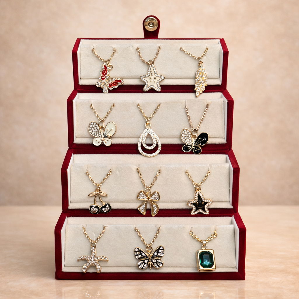 Set of 12 Charm Necklaces with Red Jewellery Box