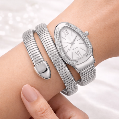 Silver Snake Wrap Watch - White