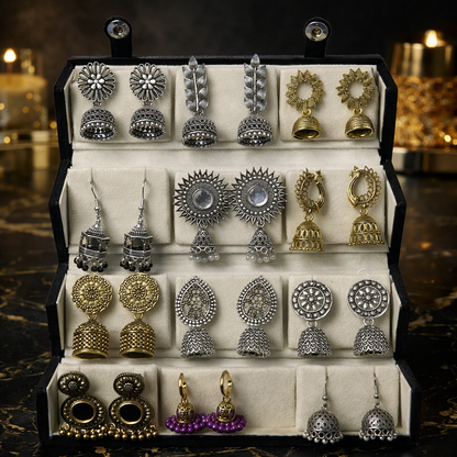 Set of 12 Oxidised Jhumka with Black Jewellery Box
