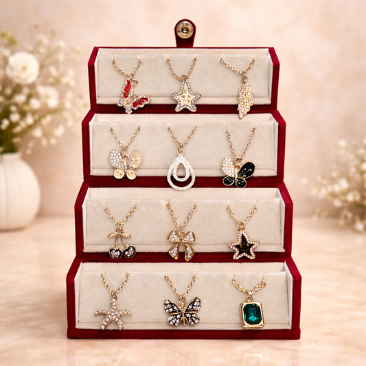 Set of 12 Charm Necklaces with Red Jewellery Box