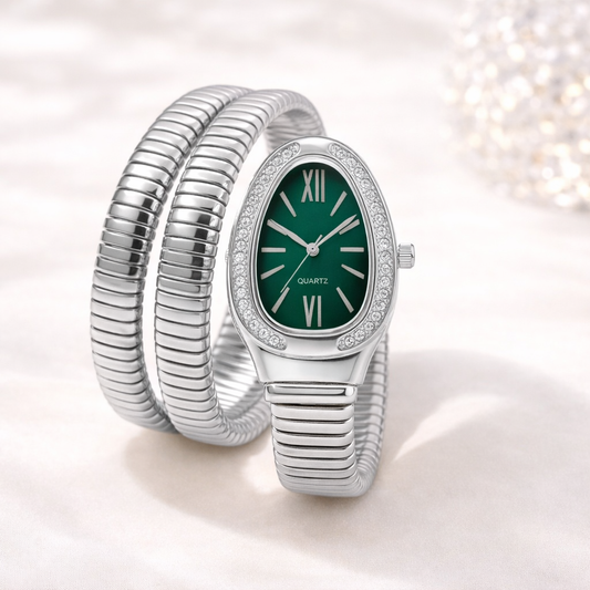 Silver Snake Wrap Watch - Green