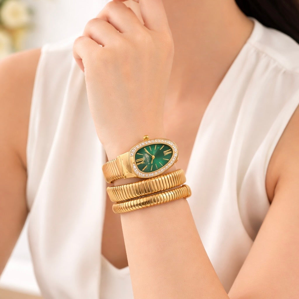 Golden Snake Wrap Watch - Green