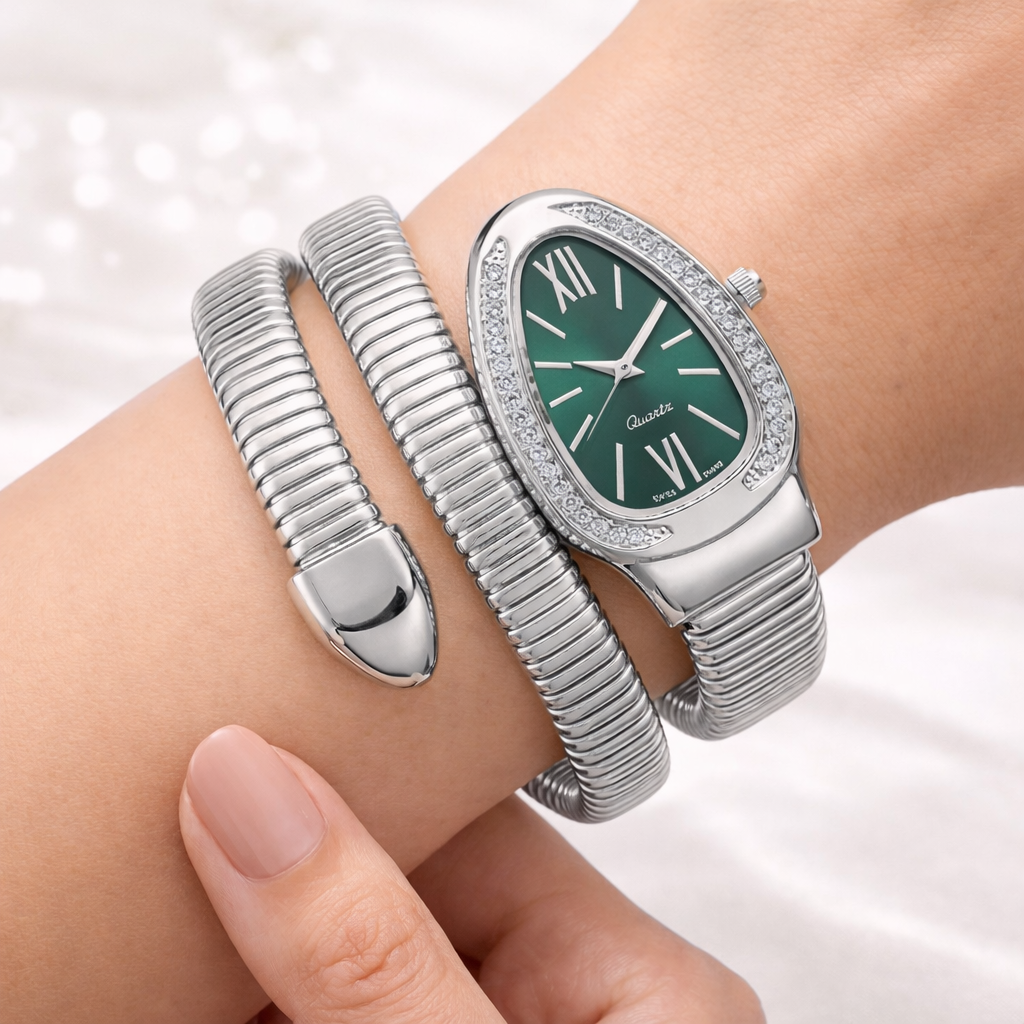 Silver Snake Wrap Watch - Green