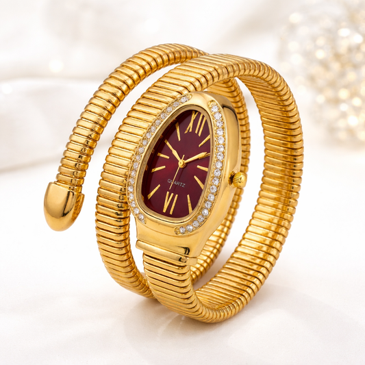 Golden Snake Wrap Watch - Maroon
