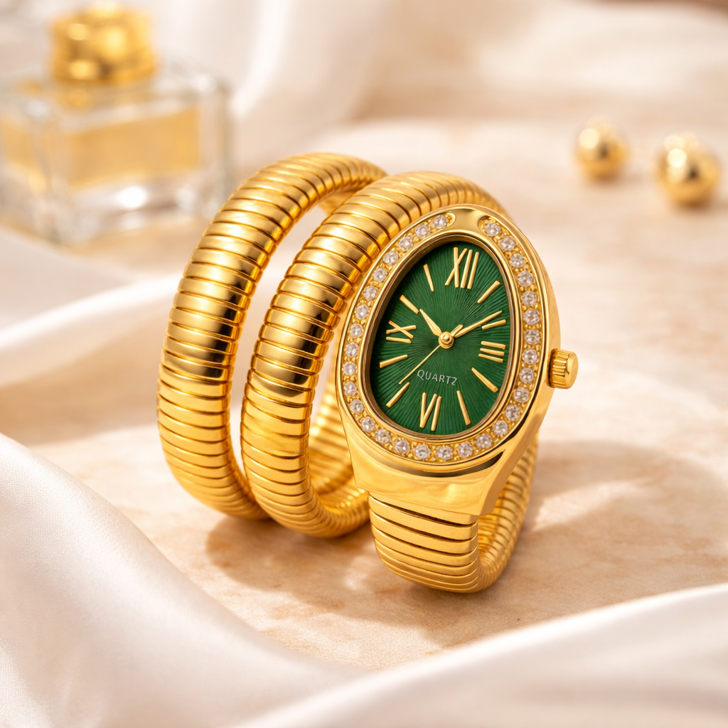 Golden Snake Wrap Watch - Green