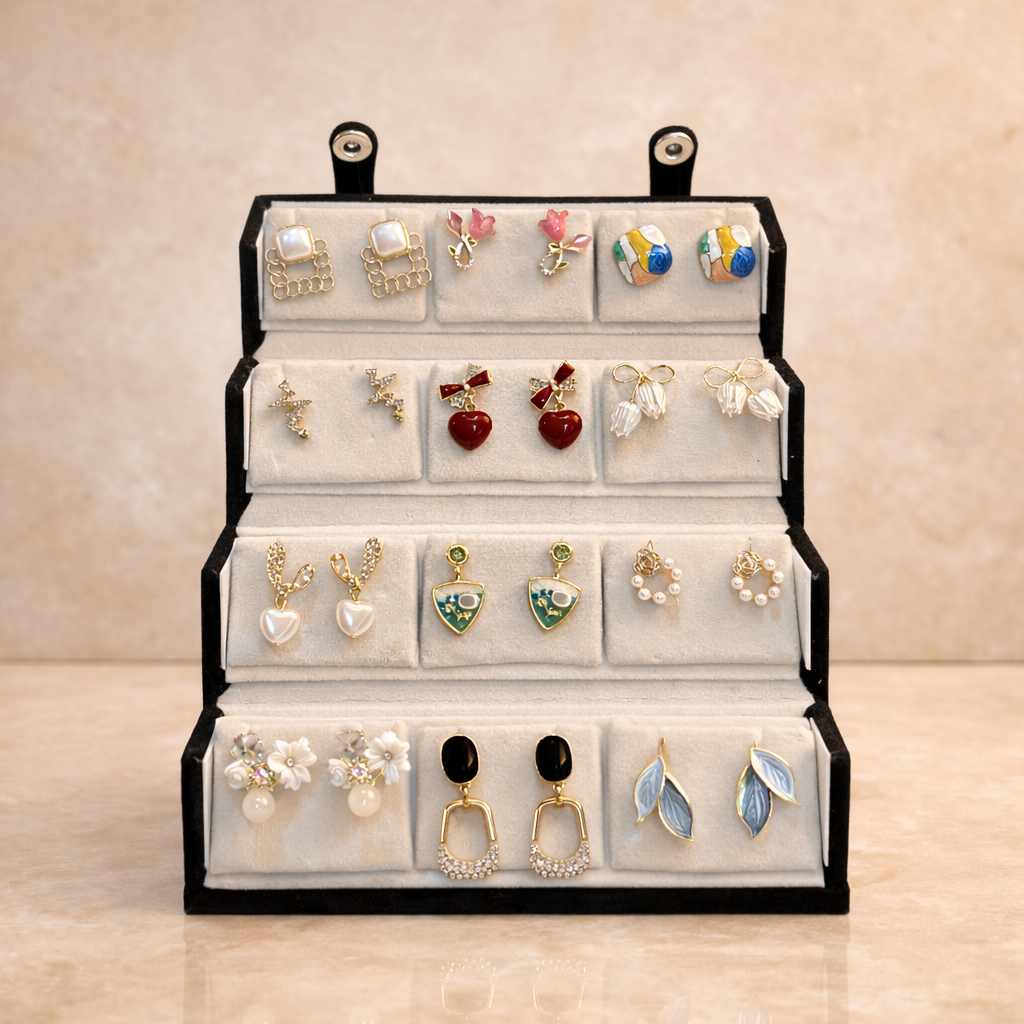 Set of 12 Korean Earrings with Black Jewellery Box