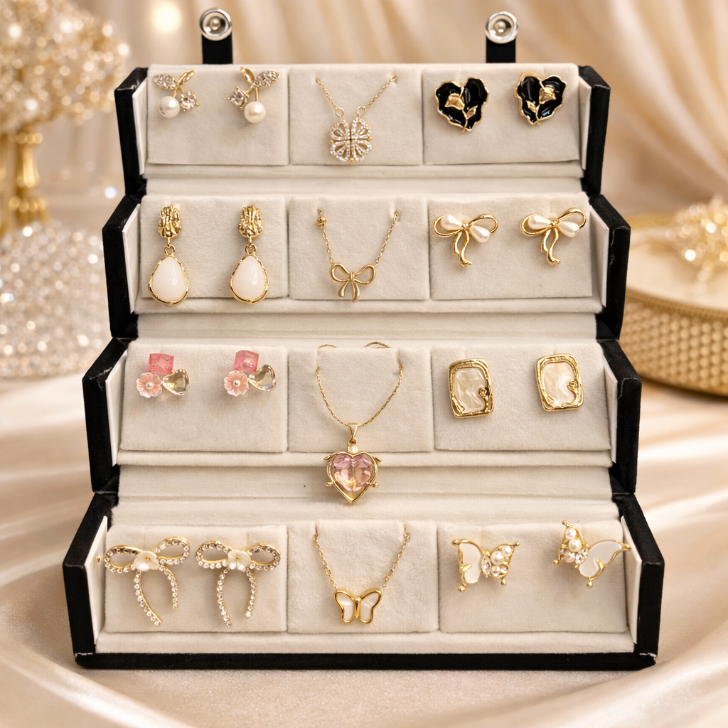 Set of Korean Earrings & Anti-Tarnish Necklaces with Jewellery Box