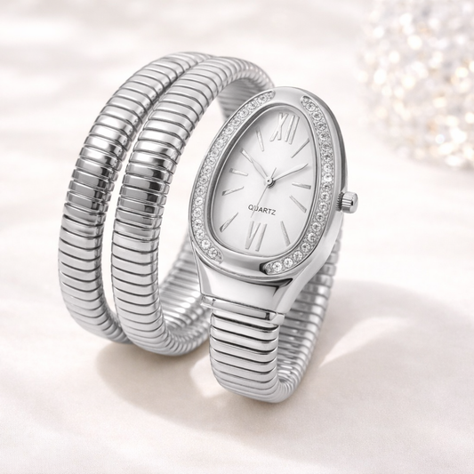 Silver Snake Wrap Watch - White
