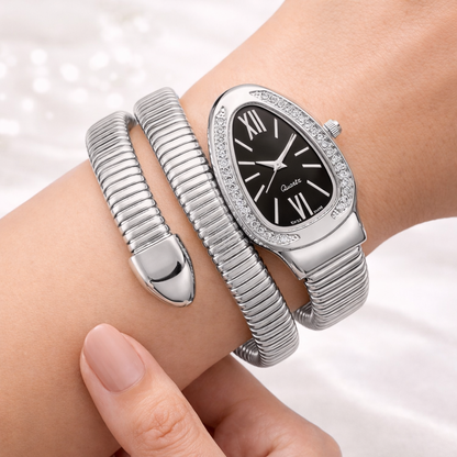 Silver Snake Wrap Watch - Black