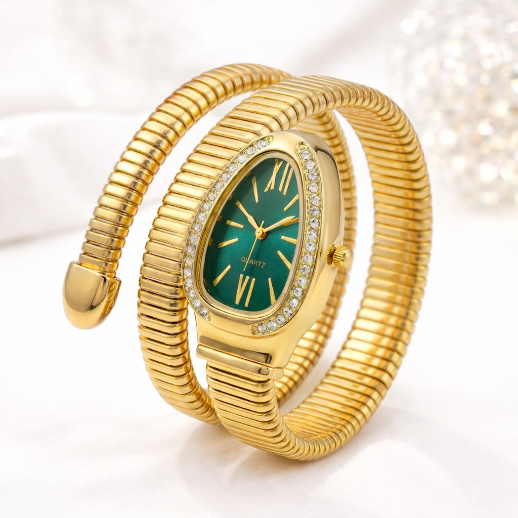 Golden Snake Wrap Watch - Green