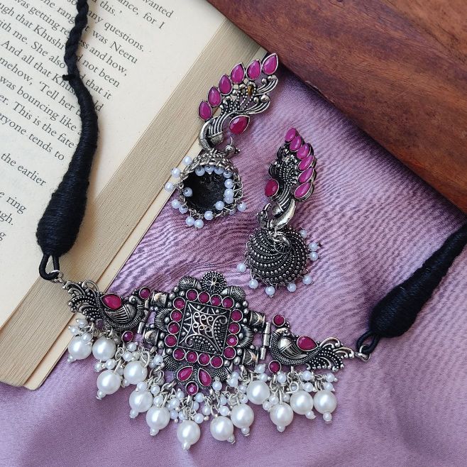 Myra Oxidised Choker - Magenta