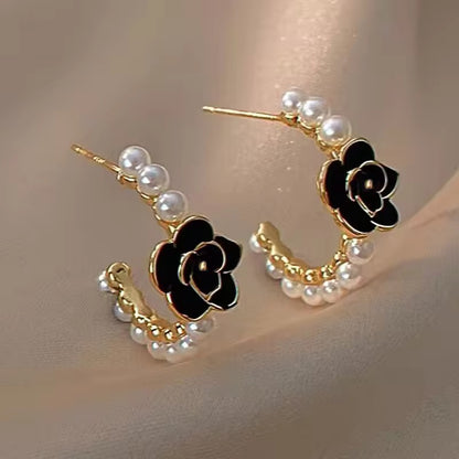 Pearly Rose Hoop Earrings