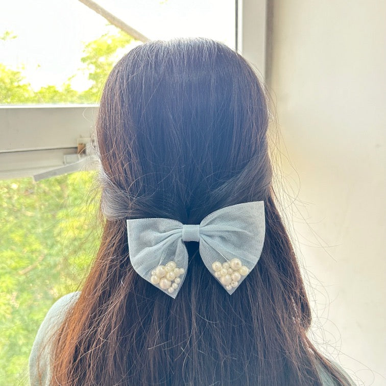 Pearl Organza Hair Bow Clip