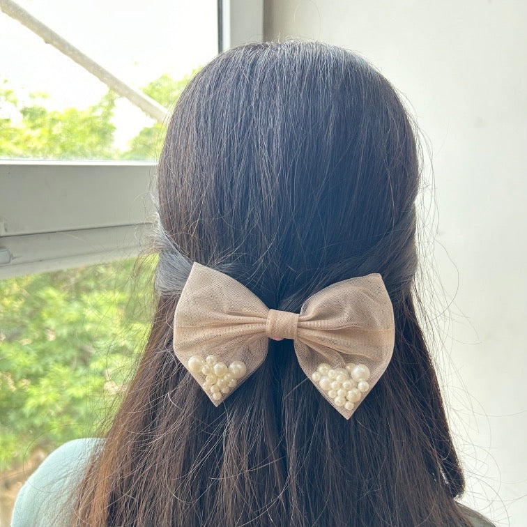 Pearl Organza Hair Bow Clip