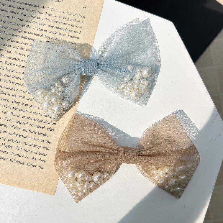 Pearl Organza Hair Bow Clip