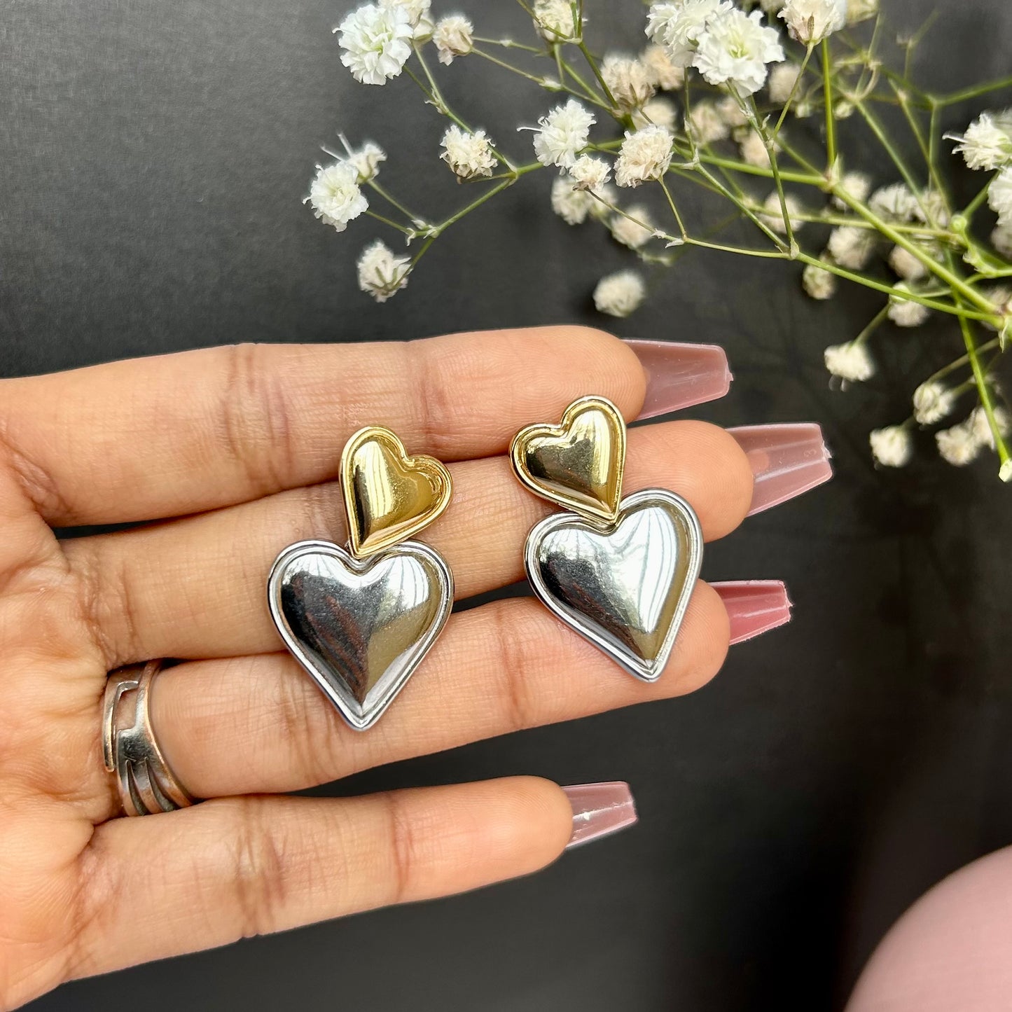 Dual Heart Statement Earrings - Anti tarnish