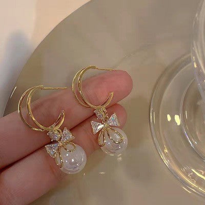 Elegant Zircon Pearl Bow Earrings