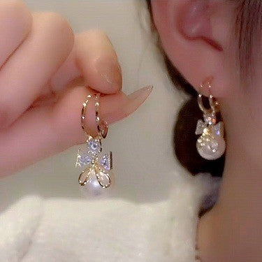 Elegant Zircon Pearl Bow Earrings