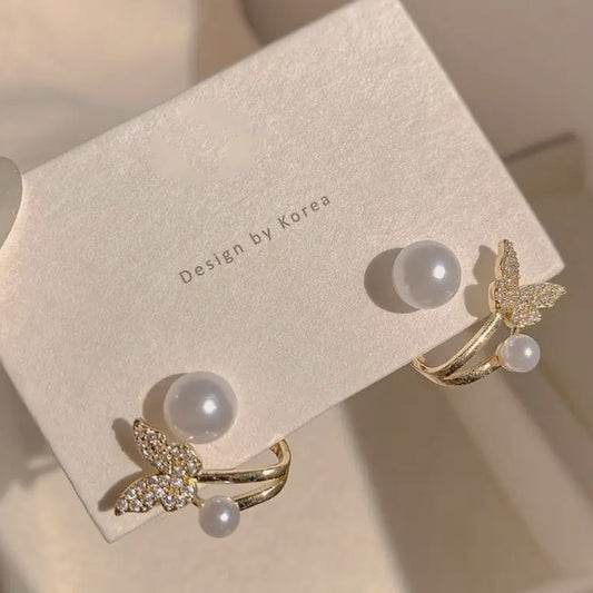 Butterfly Pearl Charm Korean Earrings