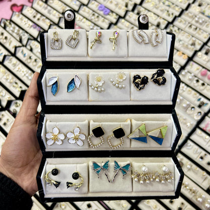 Set of 12 Korean Earrings with Black Jewellery Box