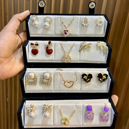 Set of Korean Earrings & Anti-Tarnish Necklaces with Jewellery Box