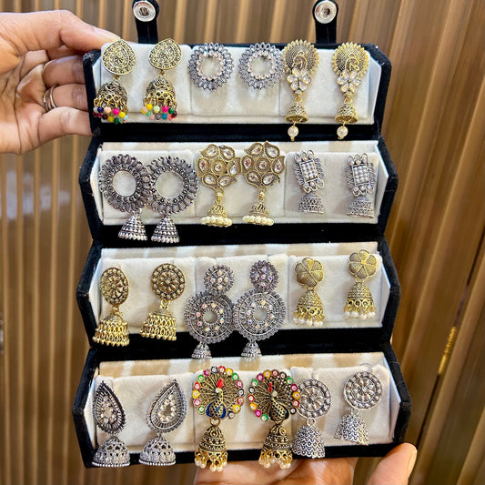 Set of 12 Oxidised Jhumka with Black Jewellery Box