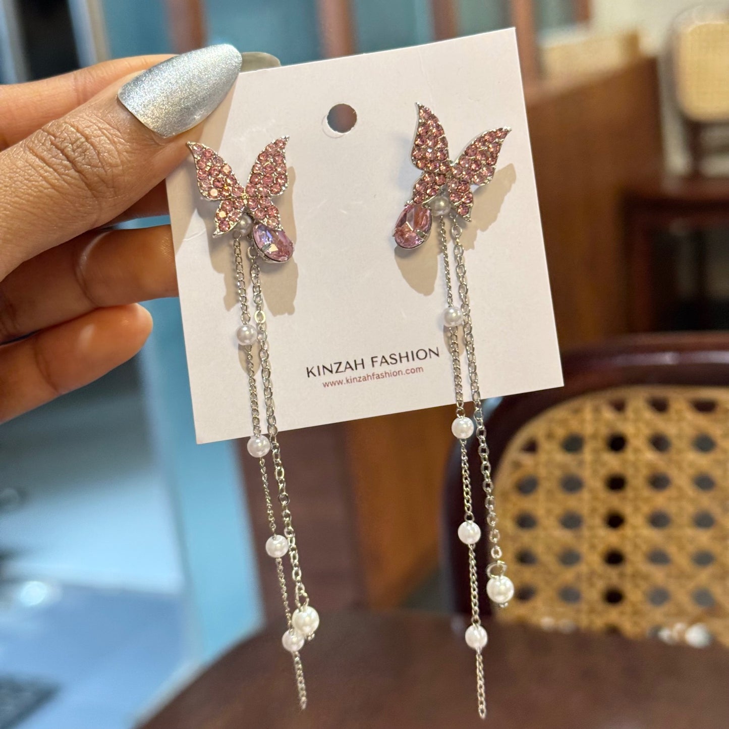 Dazzling Pink Butterfly Tassle Earrings