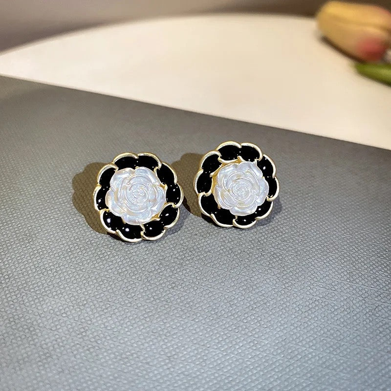 Black White Rose Stud Earrings