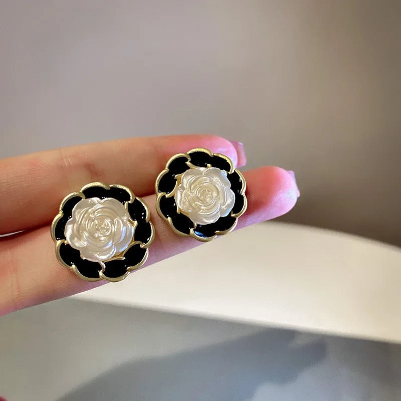 Black White Rose Stud Earrings