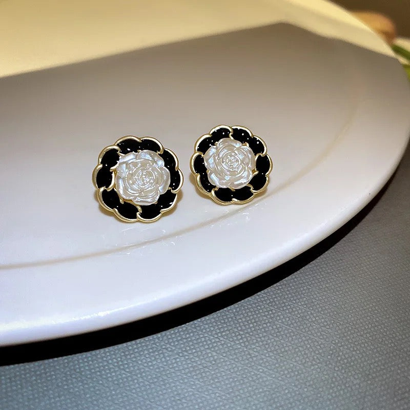 Black White Rose Stud Earrings