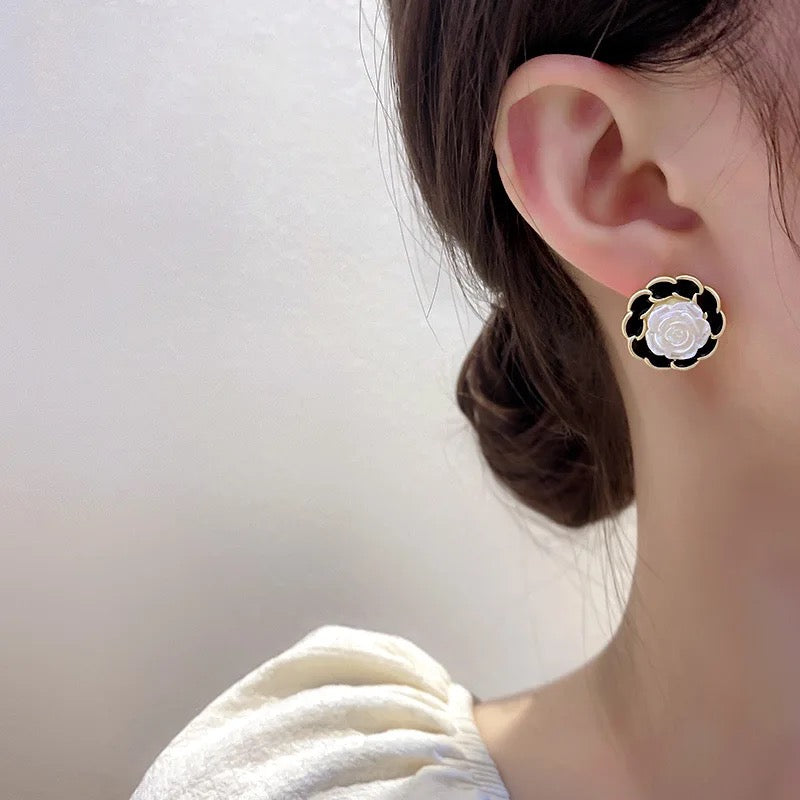 Black White Rose Stud Earrings