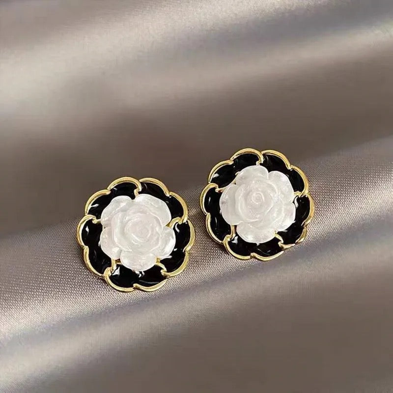 Black White Rose Stud Earrings