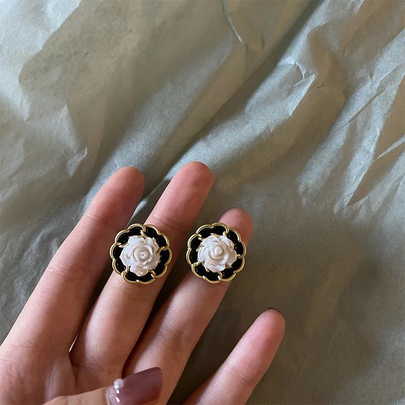 Black White Rose Stud Earrings