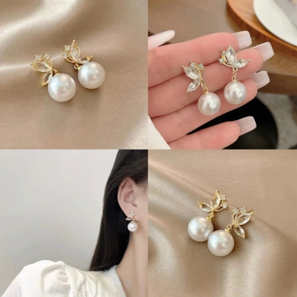 Korean Pearl Crystal Butterfly Earrings