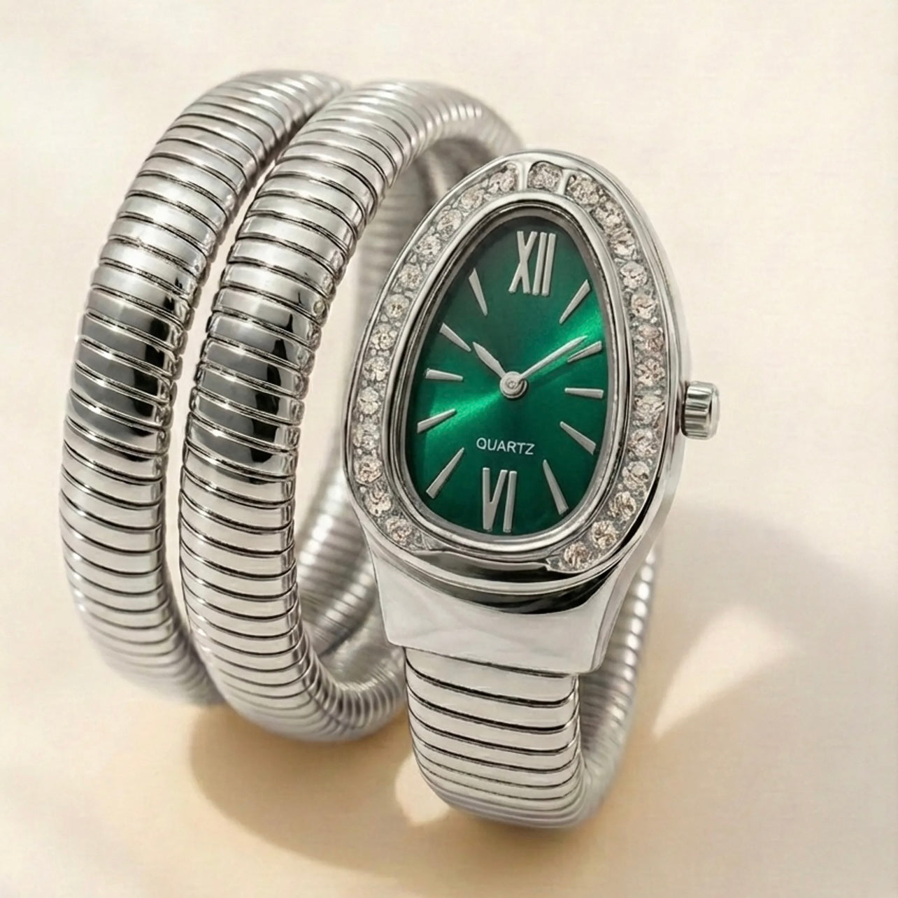 Silver Snake Wrap Watch - Green