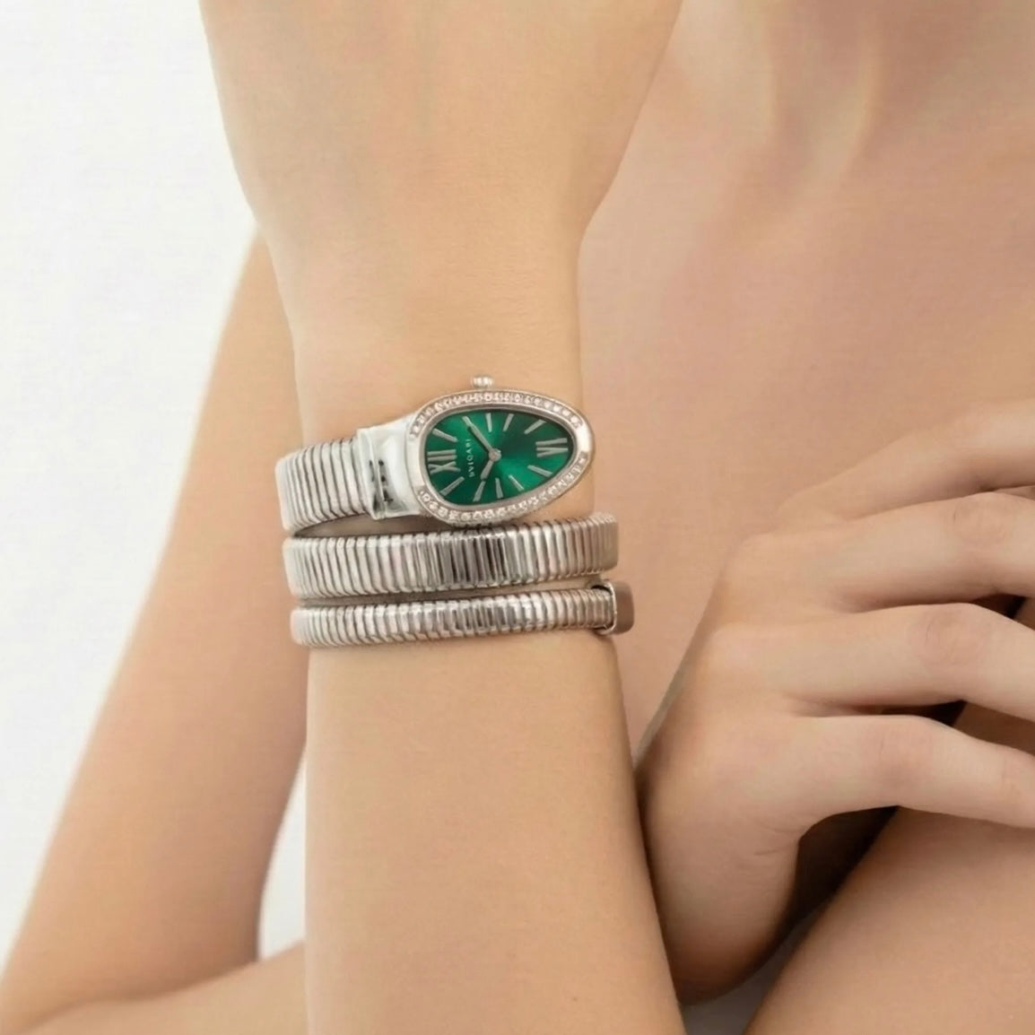 Silver Snake Wrap Watch - Green