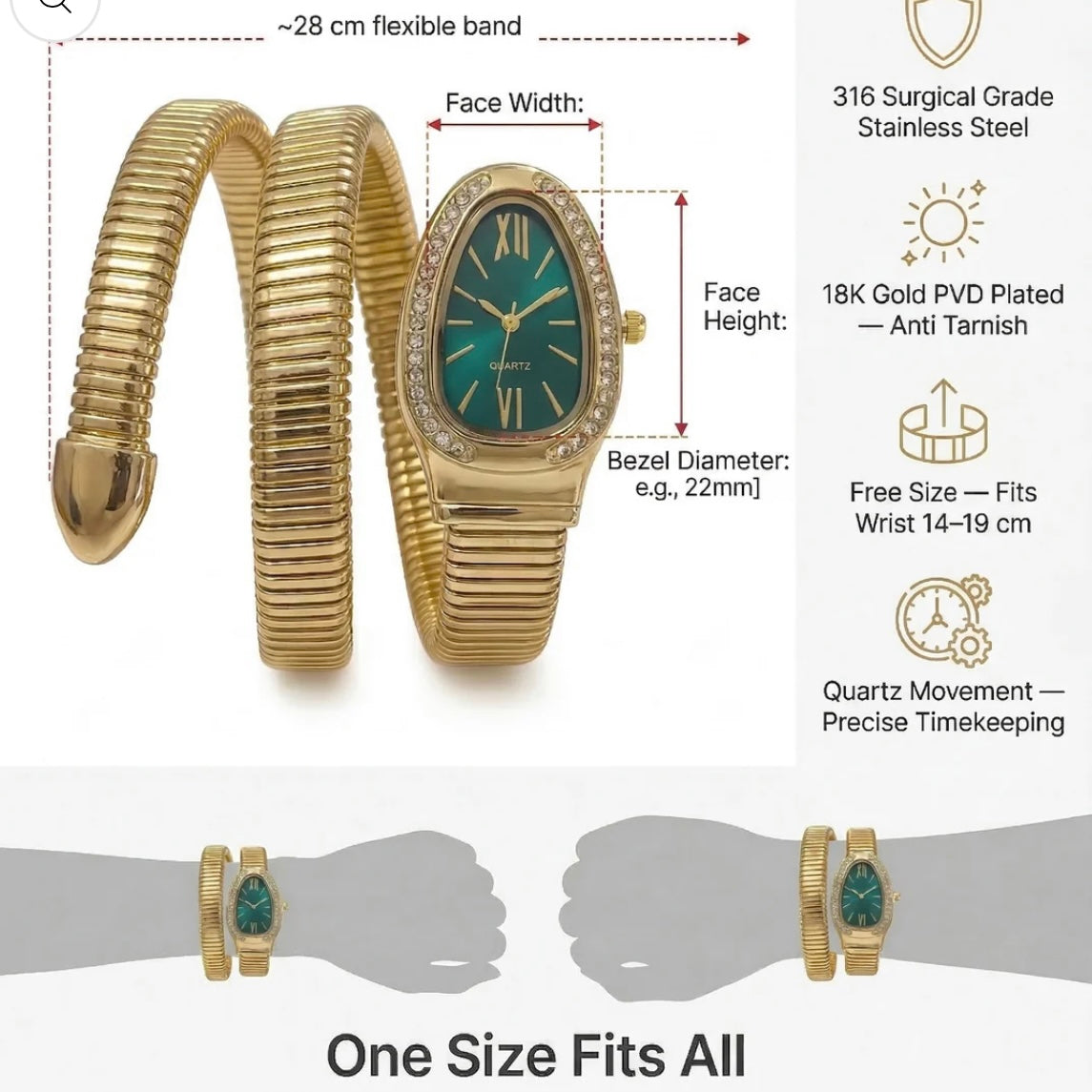 Golden Snake Wrap Watch - Green