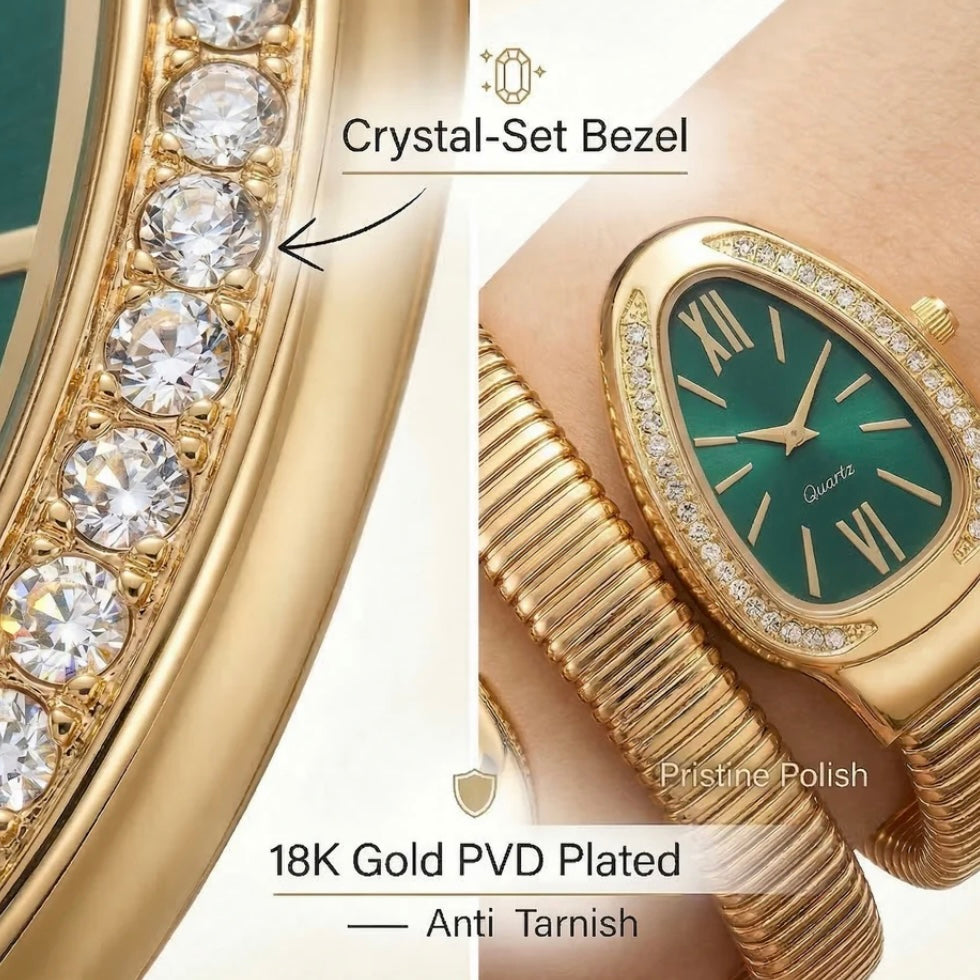 Golden Snake Wrap Watch - Green