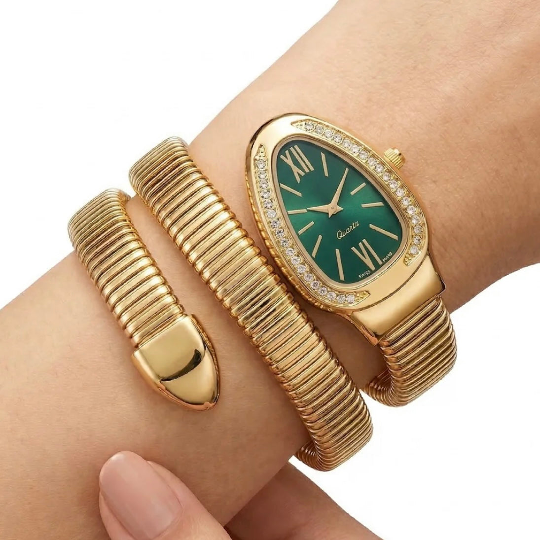 Golden Snake Wrap Watch - Green
