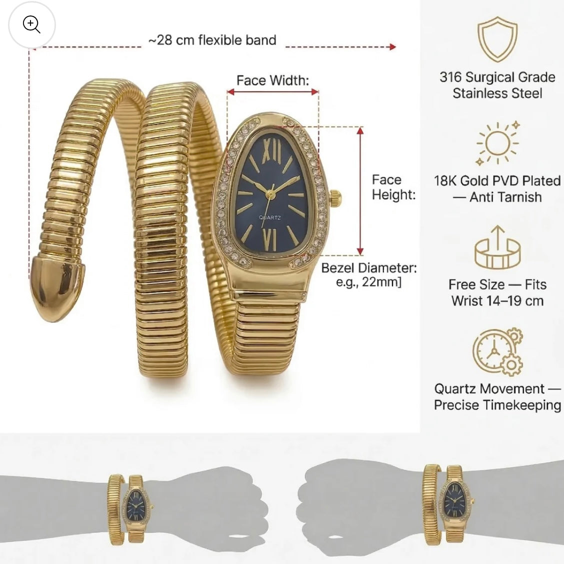 Golden Snake Wrap Watch - Black